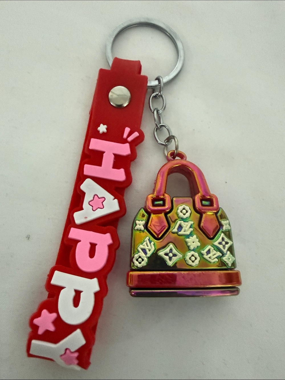 Fashion Jewelry Red Strap Keychain with Pink and Gold Handbag Charm